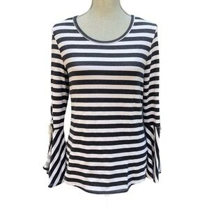 KAREN Kane Black and white Stripes Grommet Lace Up Tie Sleeves Top Size Medium
